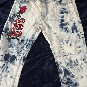 Men's Tie-Dye Skinny Jeans with Embroidered Snake and Rose